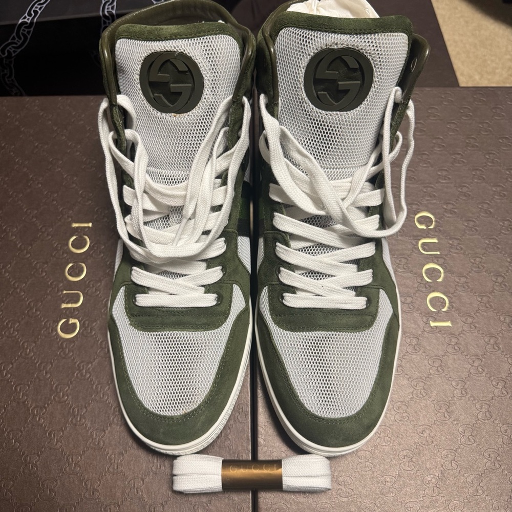 Authentic Gucci Men’s High-Top Sneakers Green/White Mesh & Suede - US Size 10.5
